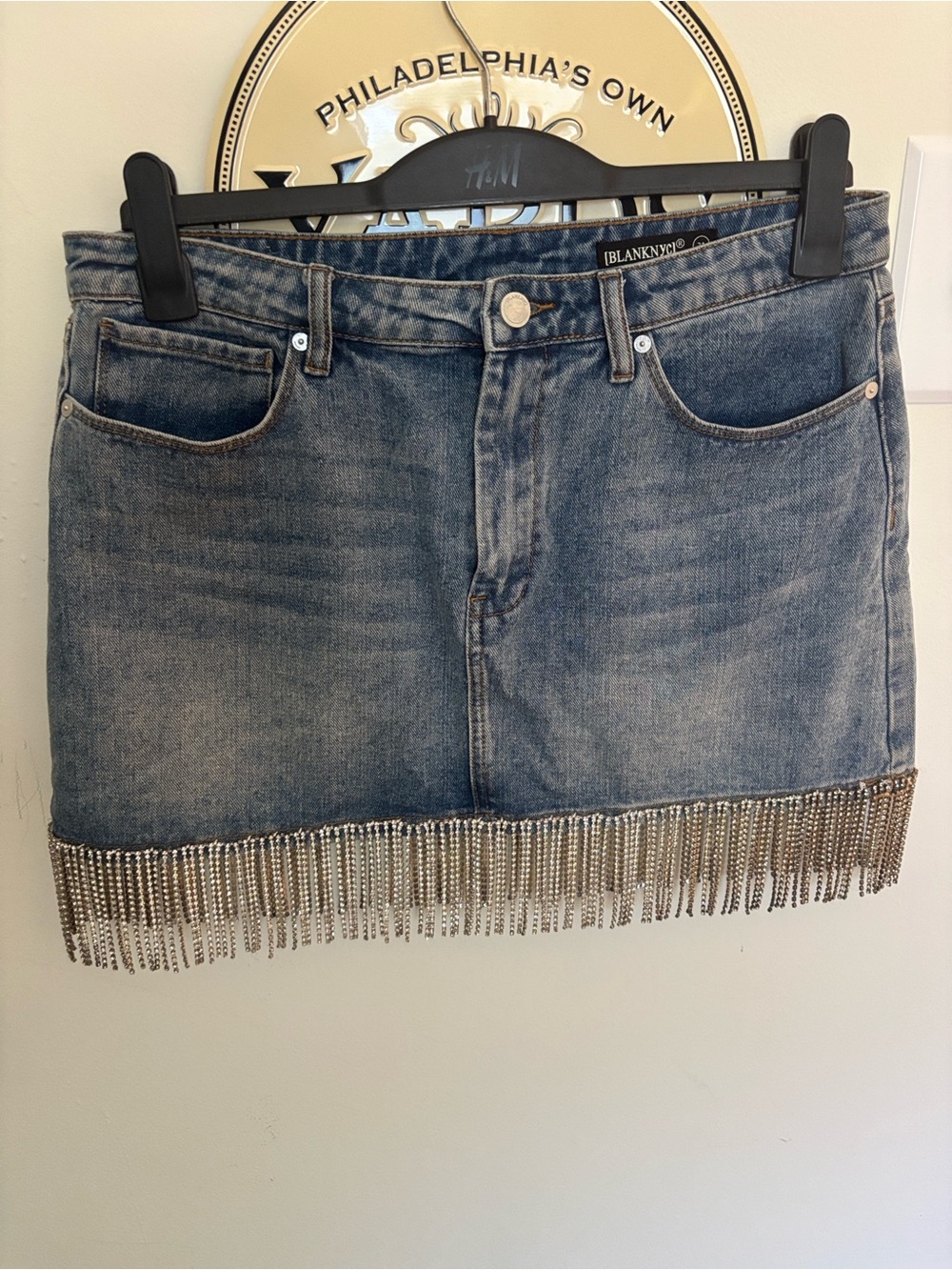 Blank NYC Faded Blue Denim Mini Skirt with Silver Fringe
